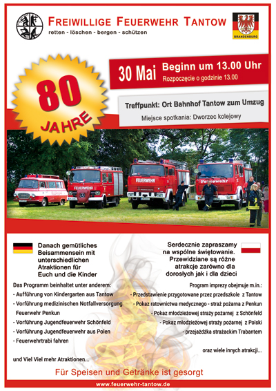 plakat Freiwillige Feuerwehr Tantow 80 Jahre 